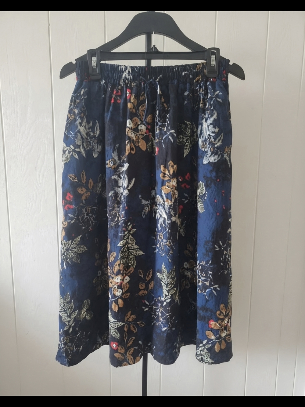 Navy Floral Midi Skirt with Elastic Drawstring Waist